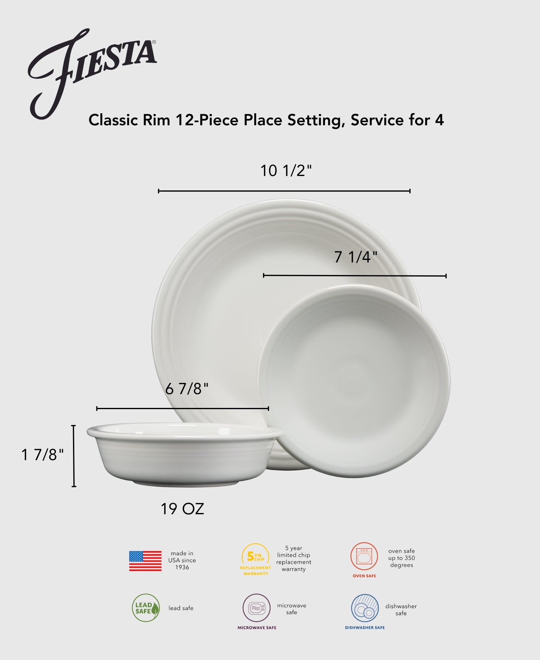 Fiesta Dinnerware - Classic Rim 12-Piece Dinnerware Set, Service for 4 - Image 2